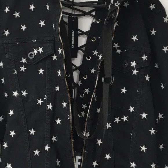 Diesel  Black Denim  Jachet, Embroidery White Stars  skull  open laced back - Picture 3 of 16